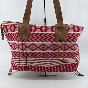 Noonday Collection Santa Lucia Embroiderd Cotton Leather Red Tote Bag Beach